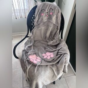Gray Cat Hooded Blanket with Pink Paw Prints